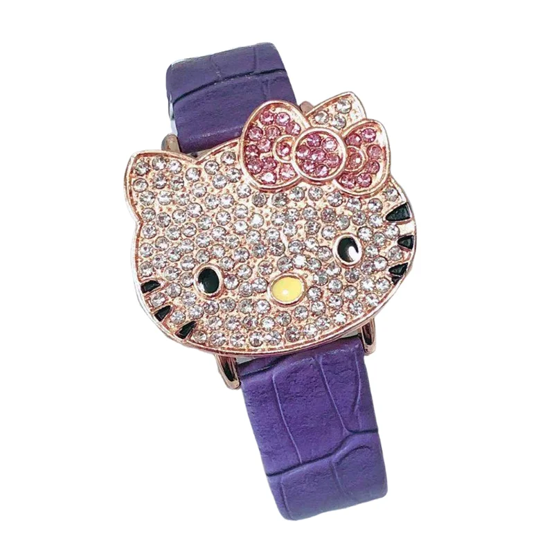 Miniso Anime Cartoon Sanrio Hello Kitty Head Silicone Diamond Quartz Girls Student Watch Kids Leather Belt Watch Birthday Gifts