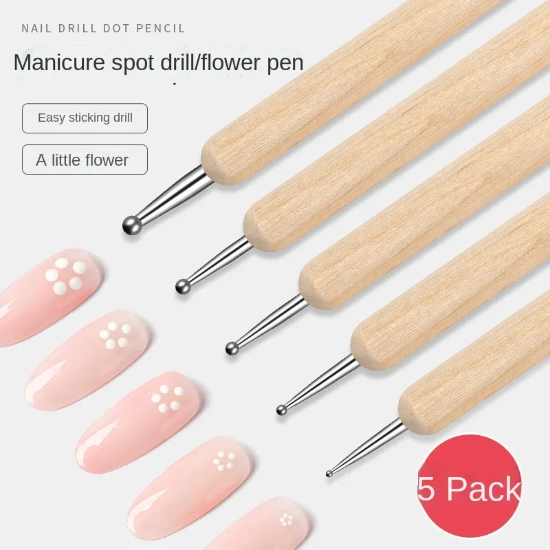 Dual-End Wooden Dotting Pen Marbleizing Tool Set for Nail Design Manicure Painting Kit 5pcs