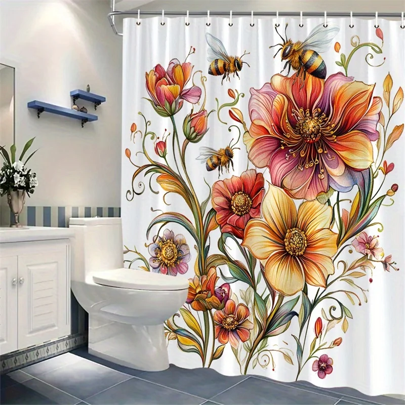 

1 шт. красочная занавеска для душа с цветочным принтом, полиэфирная ткань, можно стирать в машине, с крючками, подходит для украшения ванной комнаты