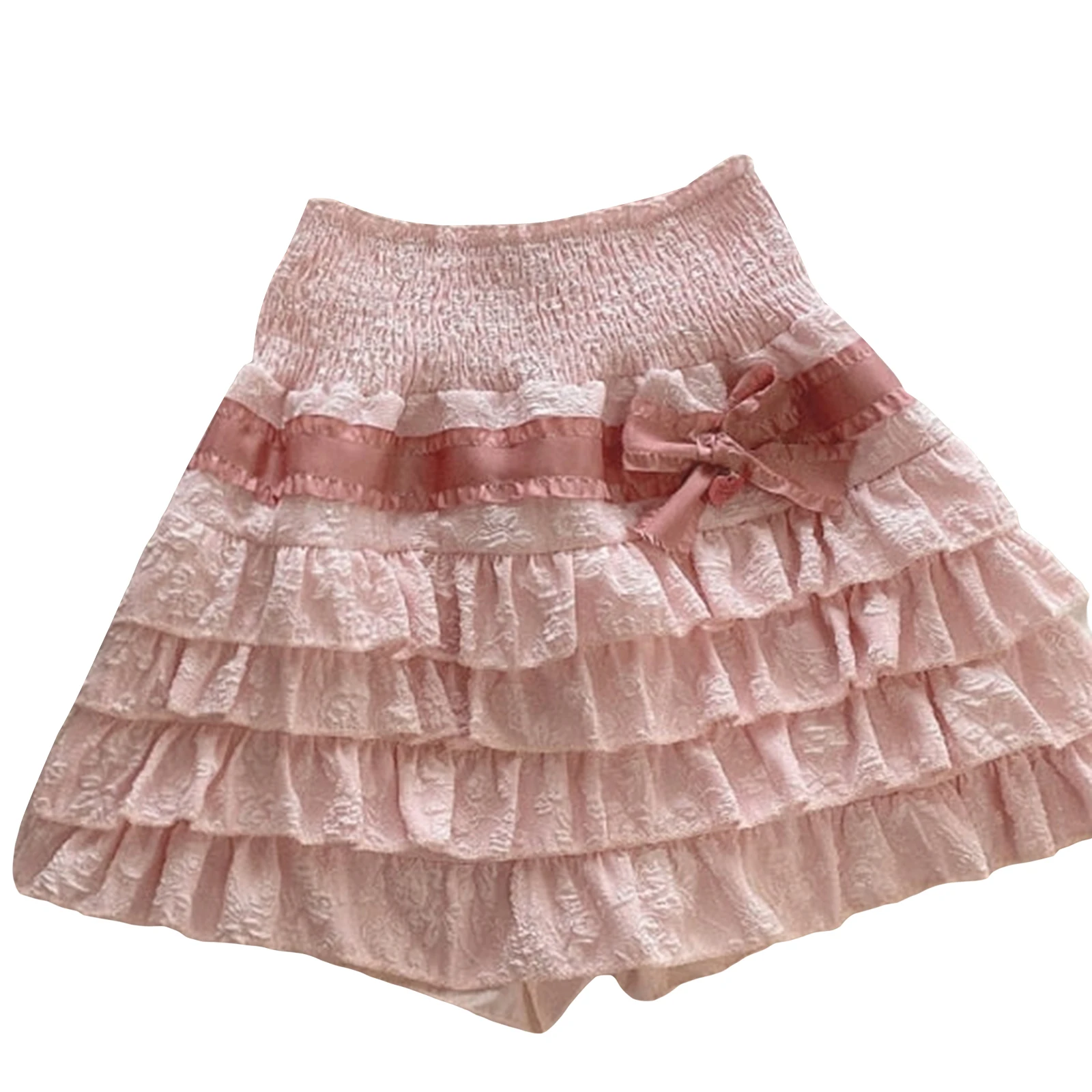 Women Lolita Mini Skirts Cute High Waist Side Bow Layered Ruffle Hem A-Line Skirts Short Skirts