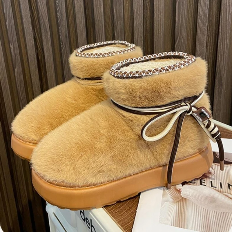 

Women Winter Warm Slippers Indoor Street Snow Boots Soft Faux Fur Thick Sole Girls Home Floor Shoes Cute Lace-up Walking Boot