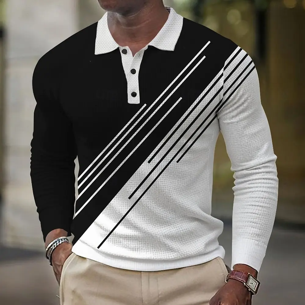

3D Geometic Stripe Print Men's Polo Shirts Autumn Casual Long Sleeve Button Pullover Loose Lapel Simple Design Clothing For Male