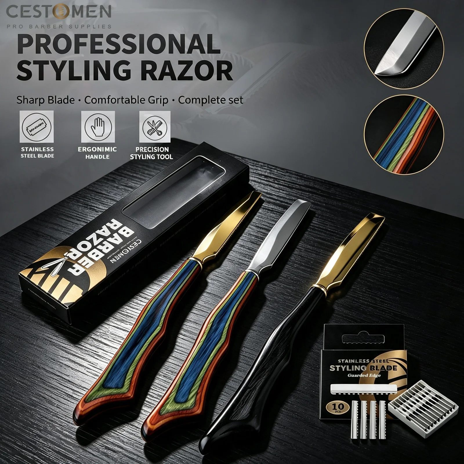 1Pc  Color Wood Handle Pro Barber Thinning Razor Straight Beard Shaving Razors Zinc Alloy Hair Cutting Knives Holder Salon Tools