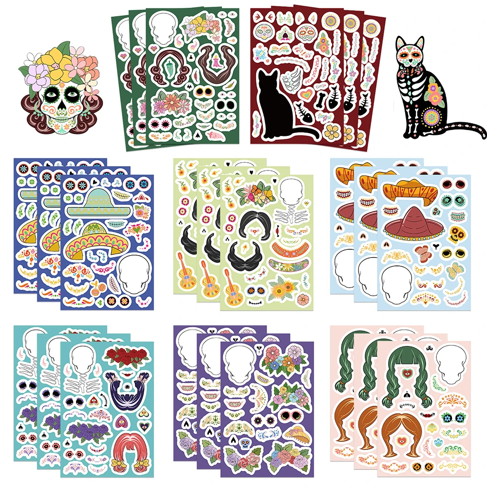

8/16pcs Day of the Dead Puzzle Make A Face Stickers for Children Cartoon Funny Assemble Jigsaw Stickers Kids Educational Toys