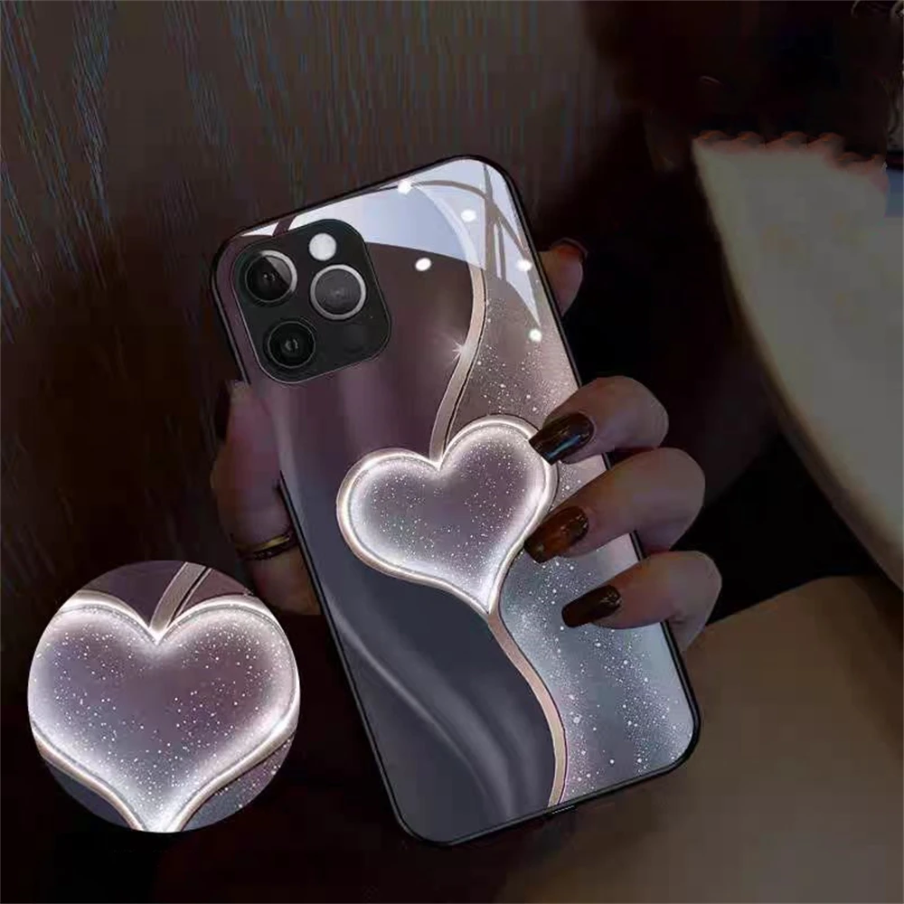

Diamond Love Heart Design Smart LED Light Glow Tempered Glass Phone Case For iPhone 16 15 14 13 12 11 Pro Max X XR XS Plus SE