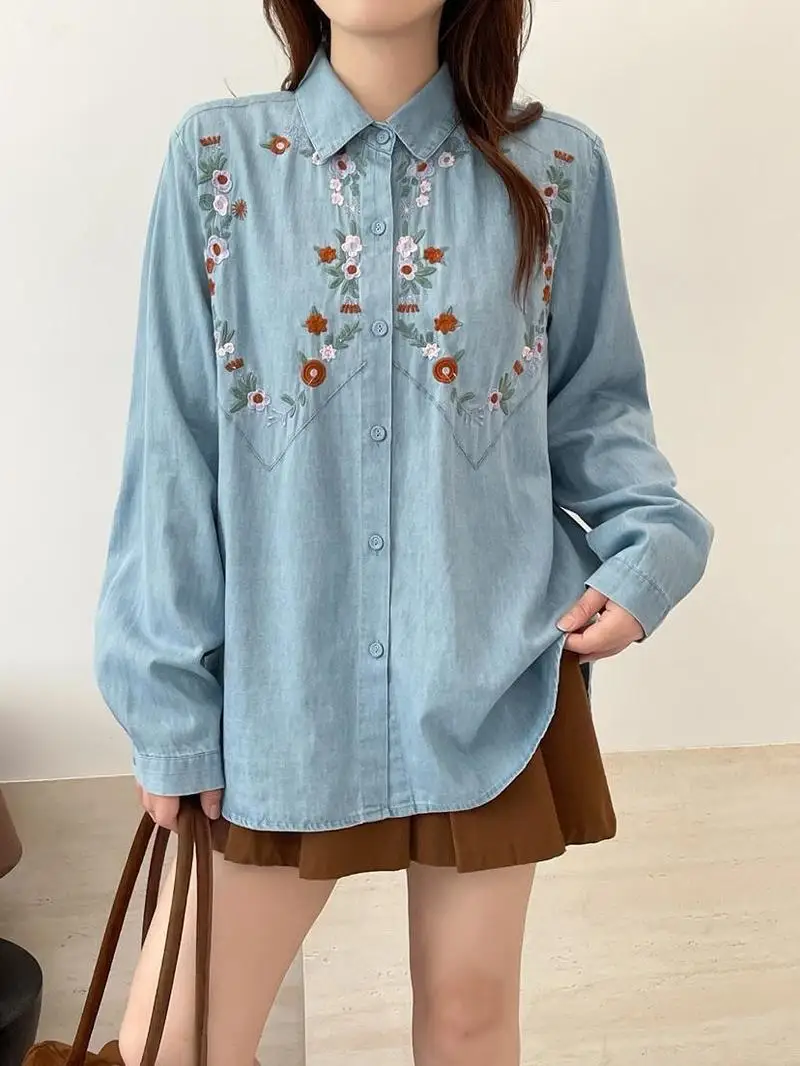 

[Готовый запас] Высококачественная женская джинсовая блузка, рубашка, джинсовая блузка с цветочной вышивкой, синий цветок, свободные блузки с длинными рукавами, рубашки