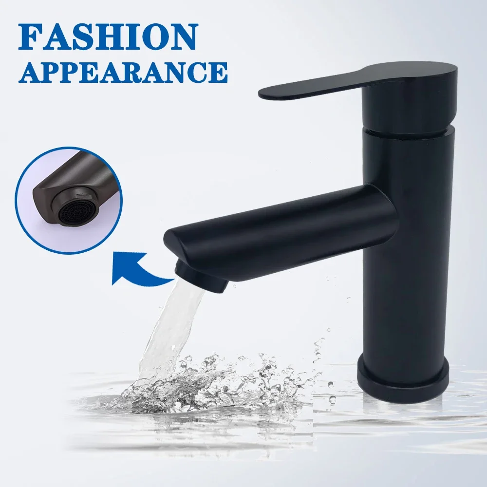 Basin Sink Bathroom Faucet Deck Mounted with Hot Cold Water Mixer Taps in Matte Black Finish Lavatory Sink Tap Crane Style