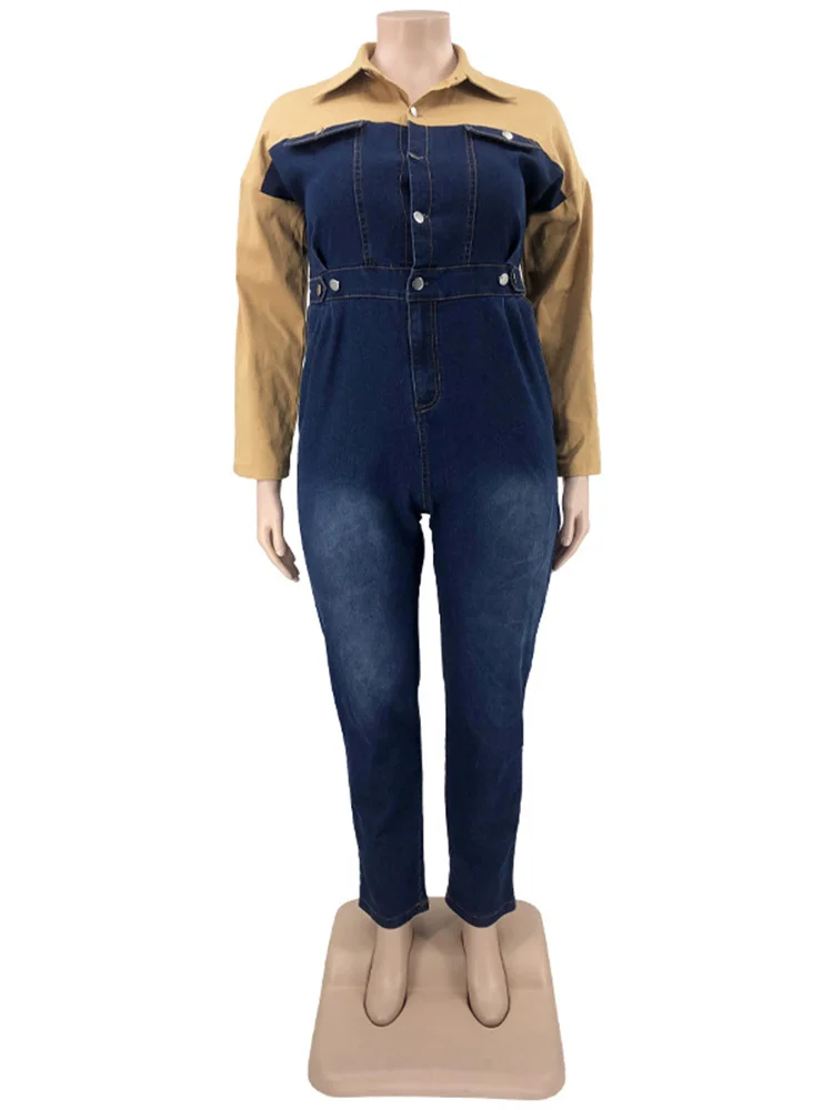 Wmstar Plus Size Denim Jumpsuit Nữ Miếng Dán Cường Lực Nút Tay Dài Thời Trang Túi Lưng Thun Áo Liền Quần Sỉ Dropshipping