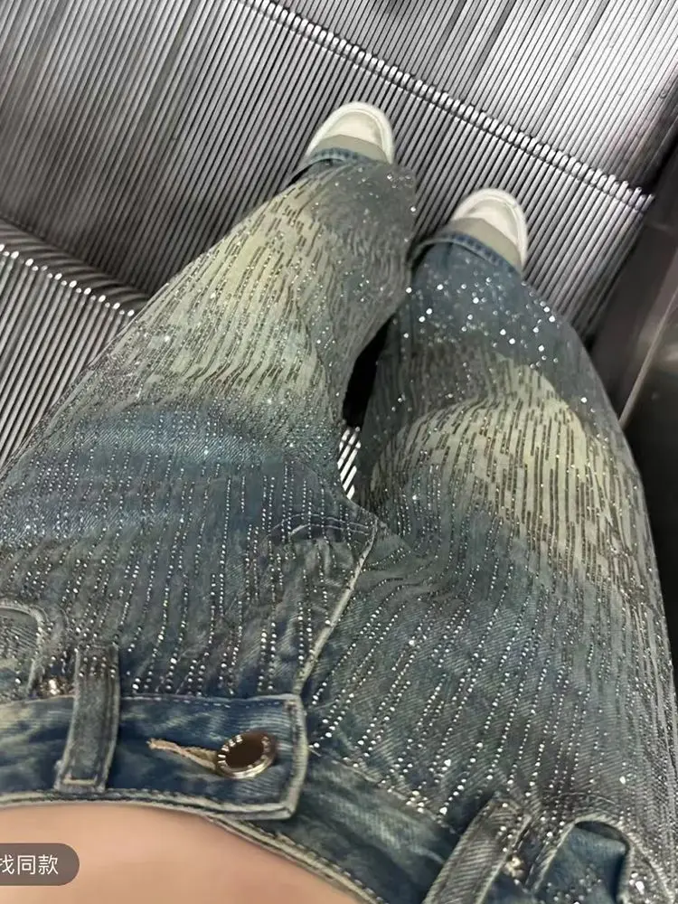 Denim Pant Women Jeans Floor Length Pants High Waist Straight Trousers Y2k Streetwear Elegant Splice Work Casual Hot Driling