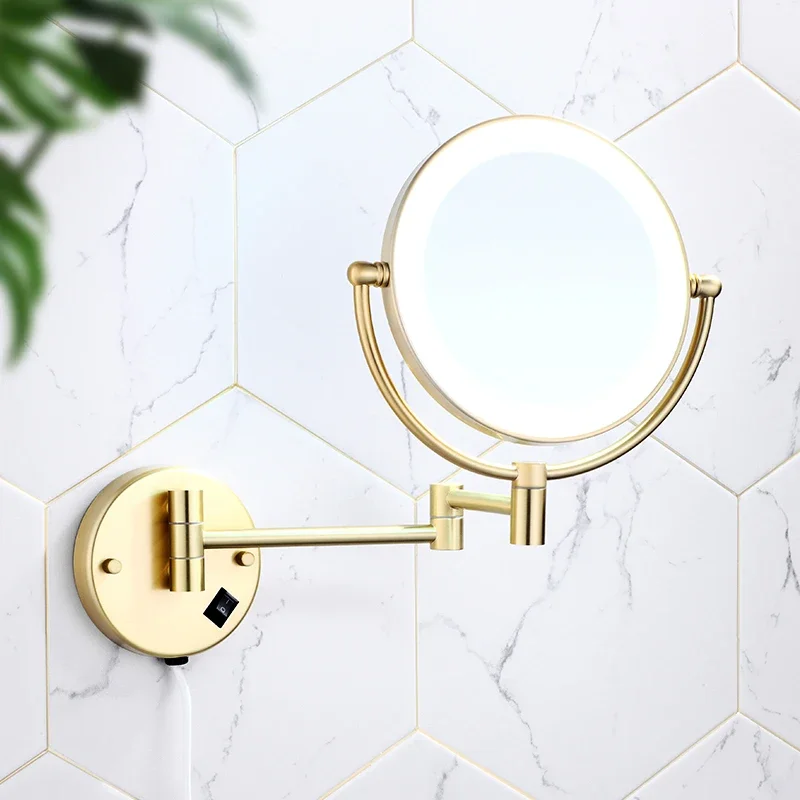 gold bathroom folding beauty mirror wall mounted telescopic hotel double sided triple magnification LED with light makeup mirror