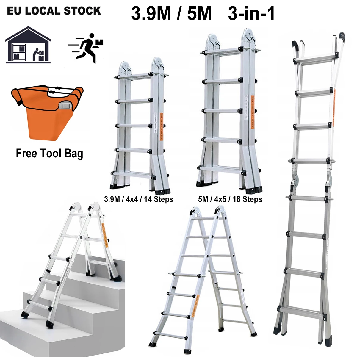 Telescopic Ladder 3.9M/5M Aluminum Multi Position Extension Ladder A-Frame Ladder With Tool Bag & Gloves EN131 150kg Capacity