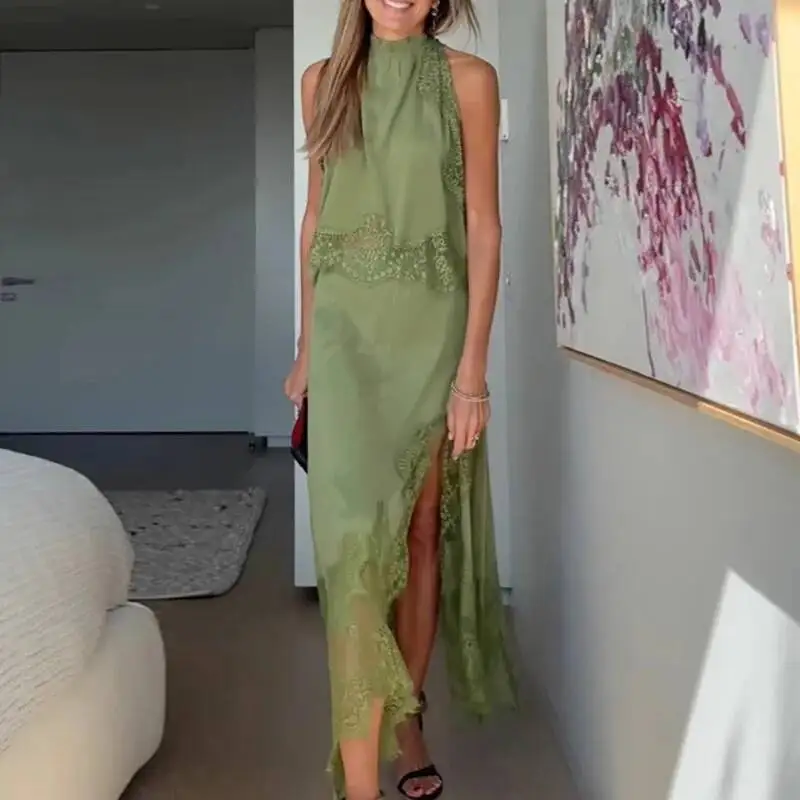 

Lace See Through Skirts Sleeveless Vest 2PCS Sets, Women Spring Summer Casual Patchwork Solid Outfit, 2025 O Neck Sexy Lady Suit