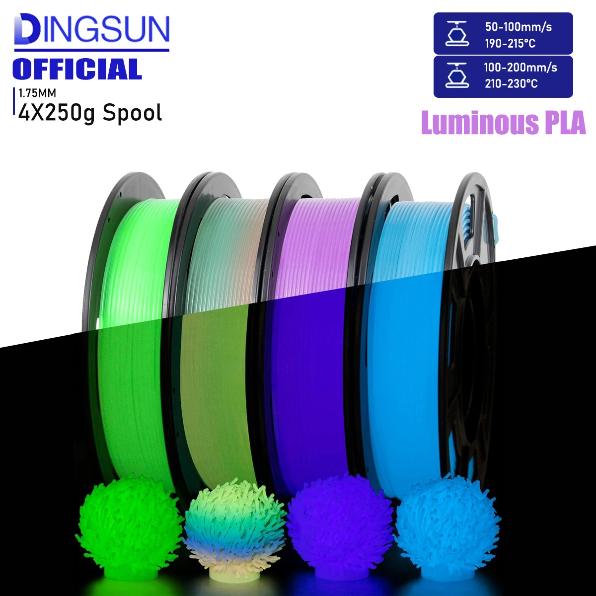 

Glow in The Dark PLA Filament 1.75mm , Multicolor Luminous 3D Printer Filament Rainbow/Blue/Green/Purple, Accuracy +/-0.02mm