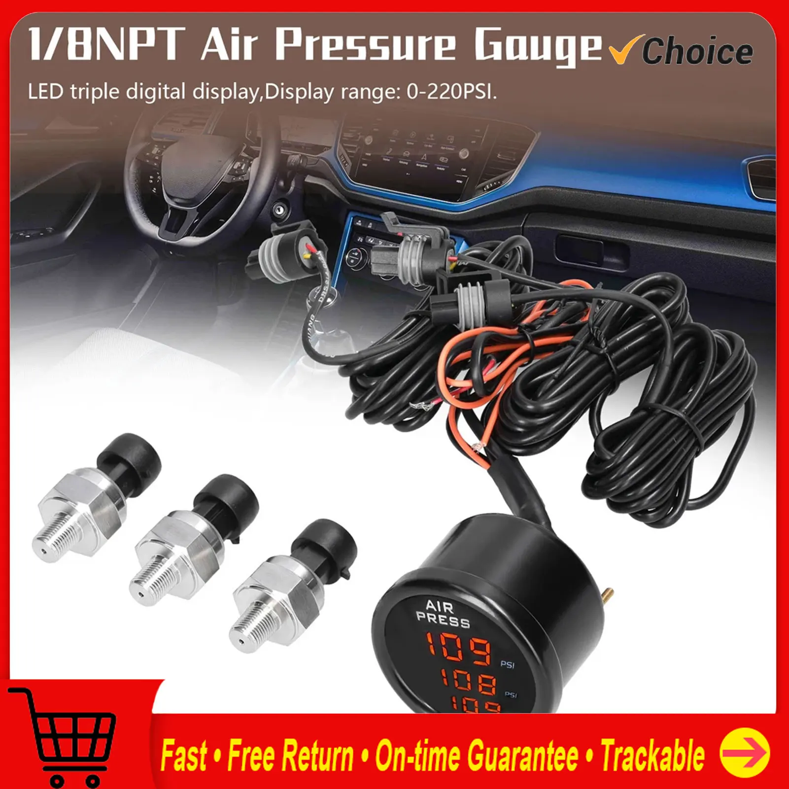 

Triple Display Air Pressure Guage LED Digital Air Suspension Gauge 0-220PSI with 1/8NPT Sensors 1/8NPT Air Pressure Gauge