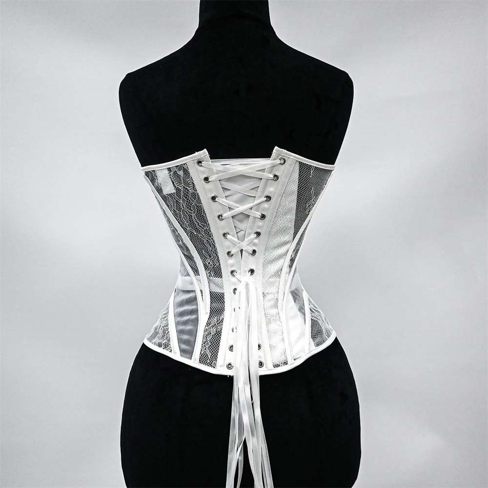 Women Fancy Overbust Corset Cups Boned White Transparent Floral Lace Mesh Bodice Sexy Hourglass Push Up Busiter Tops view 2