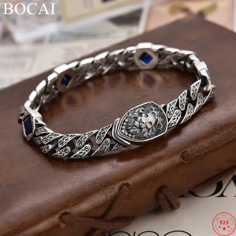 

BOCAI S925 Sterling Silver Bracelets for Men New Eternal Rattan 9mm Cuban Link Chain Emboss Lion Head Zircon Free Shipping