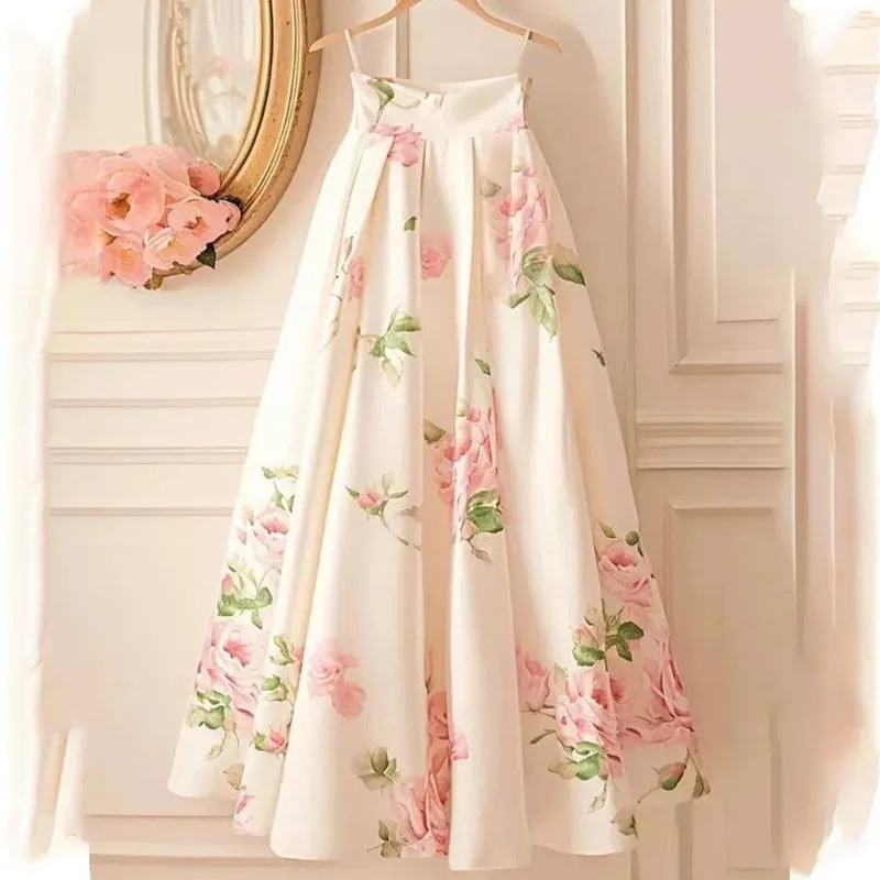 

New Fashionable and Fashionable Long Skirt High-end Look Slimming and White Printed Fluffy Skirt for Women Autumn