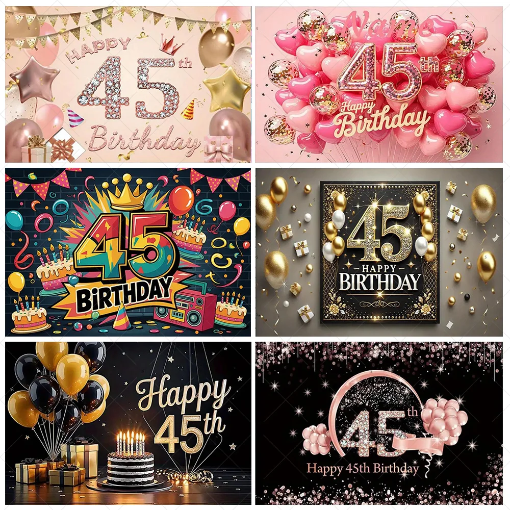 

Black Gold Pink Balloons Background Banner 45th Birthday Party Decoration Sparkling Happy Birthday Backdrop Photo Shoot Props
