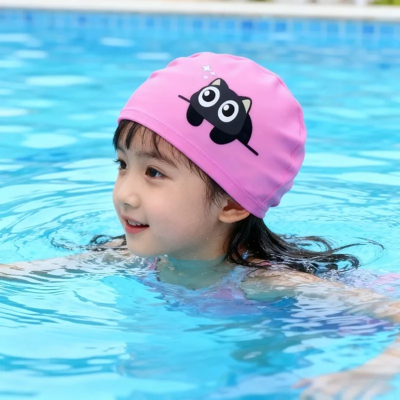 

Comfortable Kids Cartoon Cat Swim Cap Silicone Waterproof with Cartoon Prints and Ear Protection Children Sportswear Accessories
