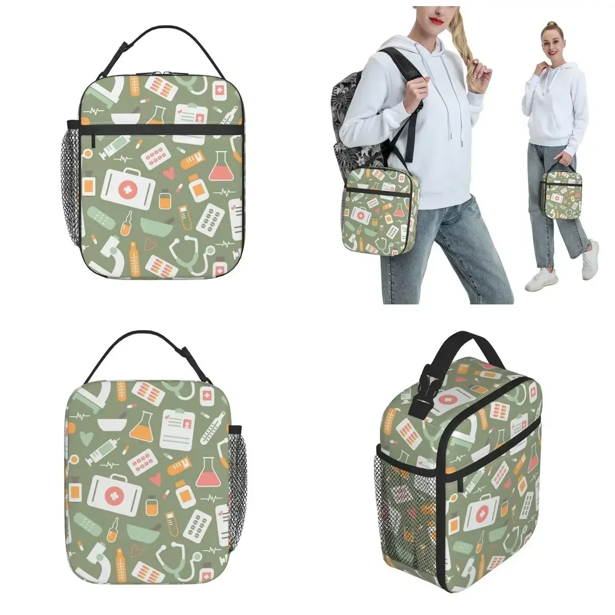 Nurse Healthcare Pattern Merch Insulated Lunch Tote Bag For School Office Food Storage Bag Portable Thermal Cooler Lunch Box