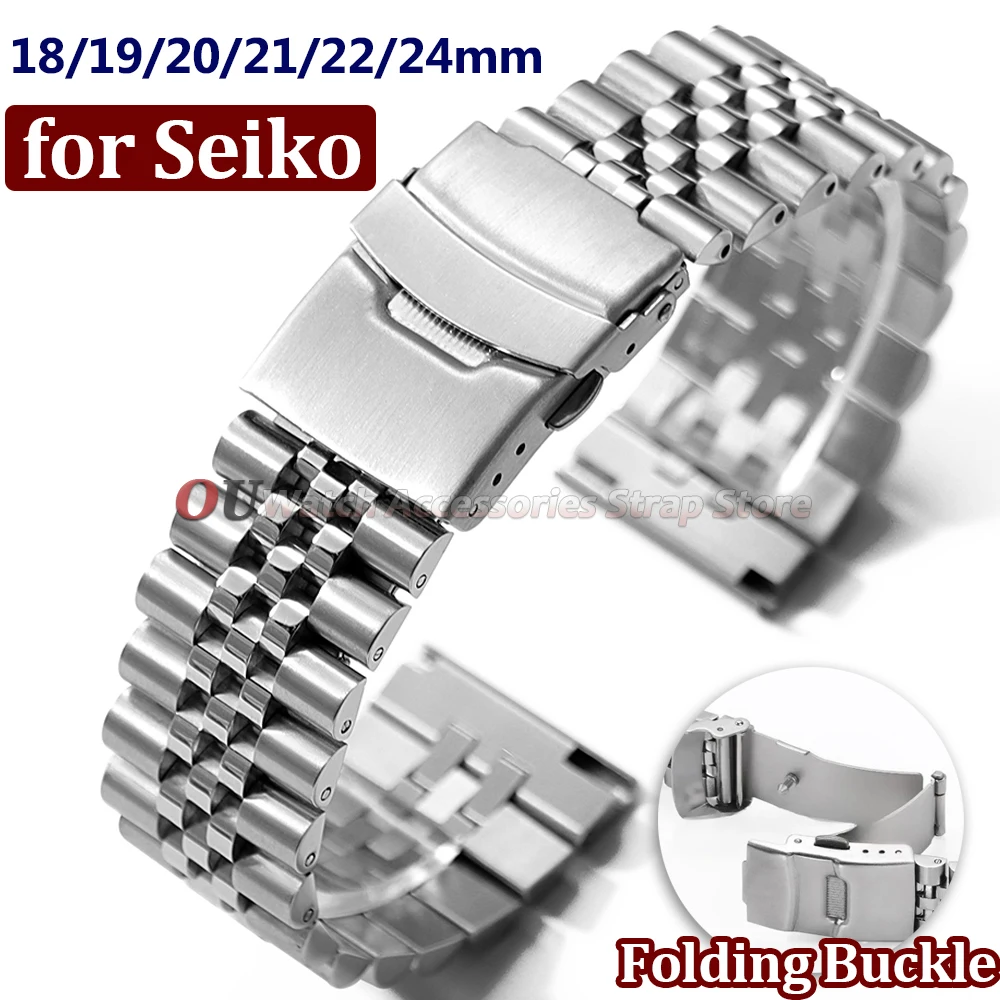 Bracelet de montre en acier inoxydable à extrémités droites, 18mm, 20mm, 22mm, 19mm, 21mm, 23mm, 24mm, pour Seiko, pour Jubilee SKX007/009