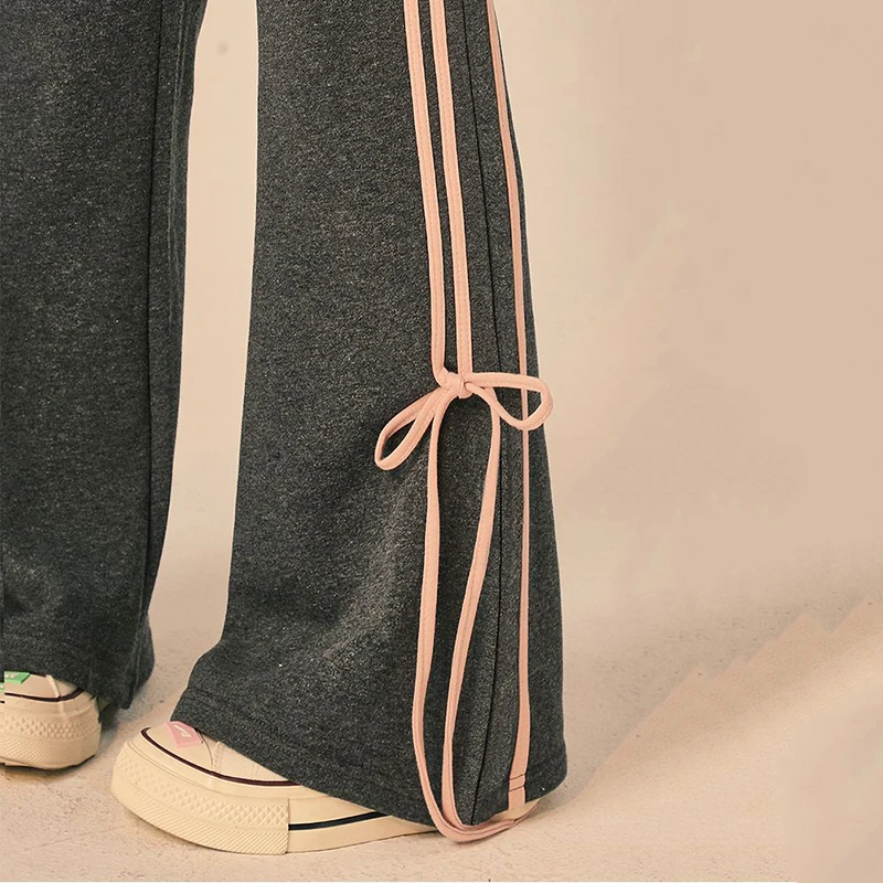 Gidyq Women Bow Casual Pants Fashion Korean Streetwear Stripe Loose Wide Leg Pants Spring All Match Female Straight Trousers New