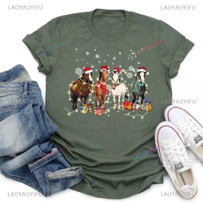 2026 Horse Christmas Shirt Western Christmas New Arrival Shirt Womens Crewneck streetwear Funny Festival Tees Horse Lover Gift