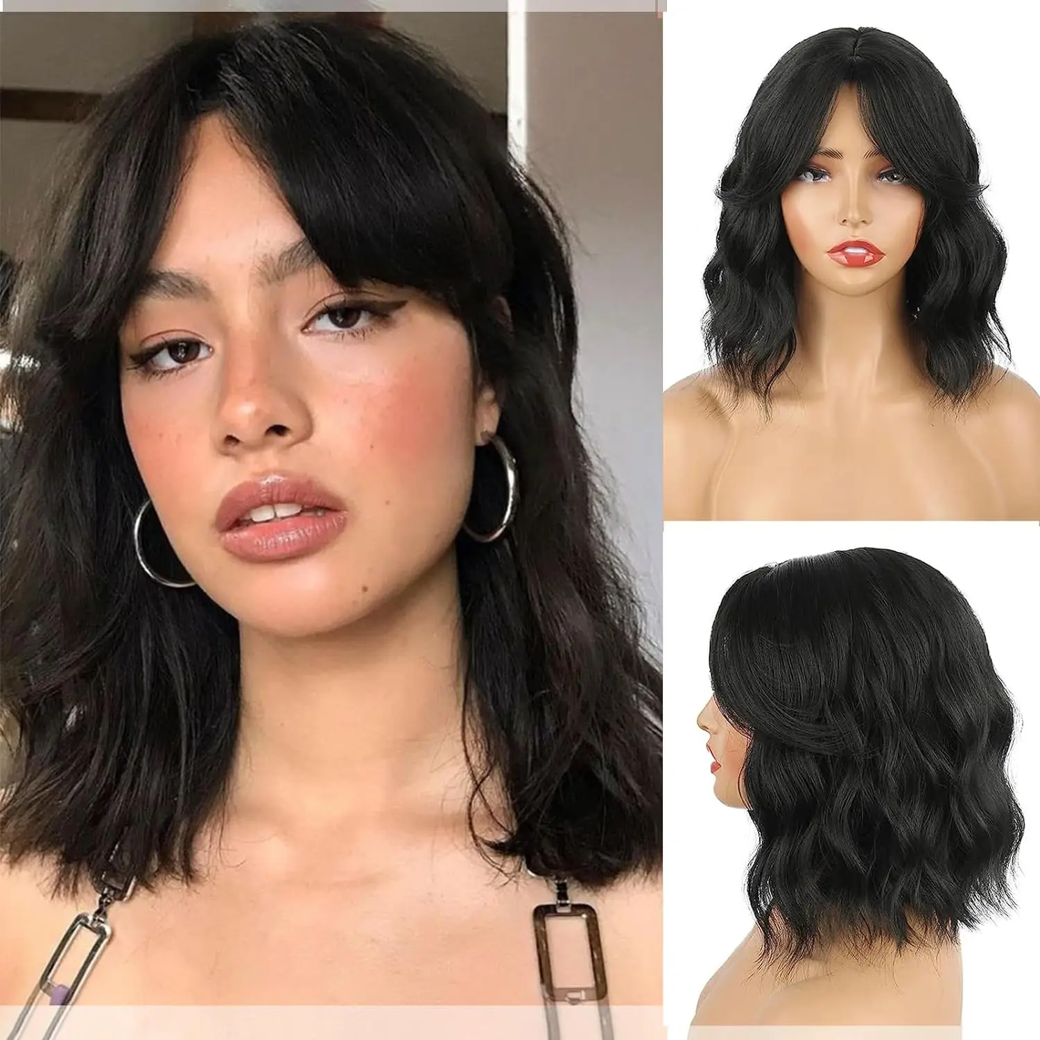 Dark Brown Wavy Bob Synthetic Wigs with Curtain Bangs for Black Women Synthetic with Bangs Shoulder Length Wig for Daily Use