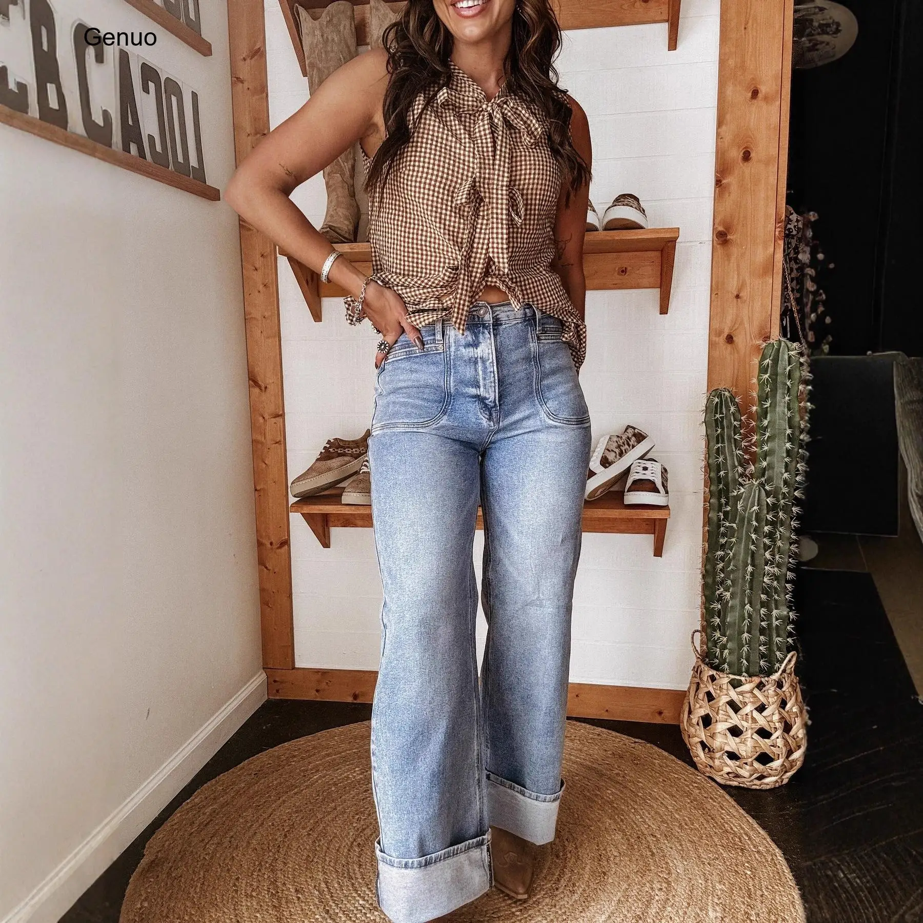 2026 Stretch Mid Rise Cuff Hem Straight Leg Denim Jeans Washed Classic Casual Women Long Jean Pants