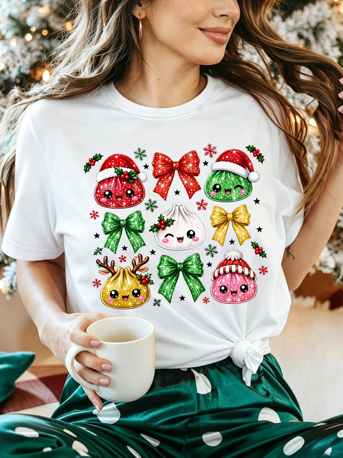 Cute Christmas Dumpling Womens T Shirt Sparkle Bow Holly Snowflake Graphic Tee Short Sleeve Casual Daily Street Ladies Tops