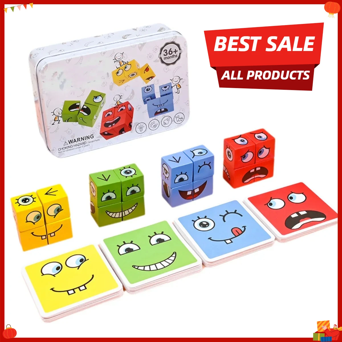 Kids Emotions Expression Game Wooden Cube Face Changing Board Cartoon Puzzle Toy Montessori Thinking Challenge Games