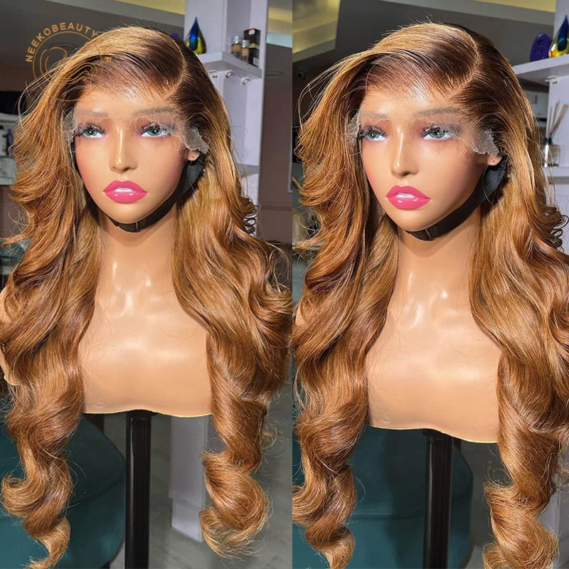 

Ginger Ombre Lace Front Wig Wavy 13x6 Transparent Lace Frontal Wig Brown Ombre Honey Blonde Colored Human Hair Wig For Women