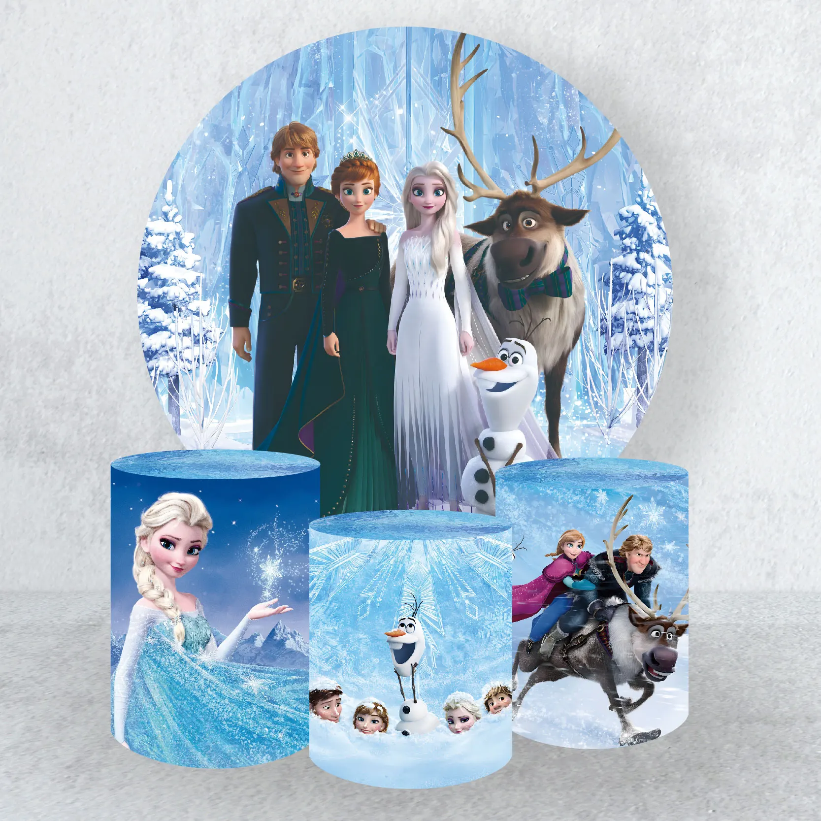 

Disney Frozen Princess Elsa Round Backdrop Cover and Olaf Anna Cylinder Covers Girl's Birthday Party Background Decoration Props