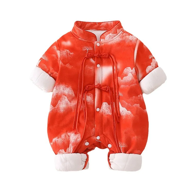 Baby Chinese New Year Red Clothes Traditional Festival Girls Boys Tang Suit Winter One-piece Rompers Outfits