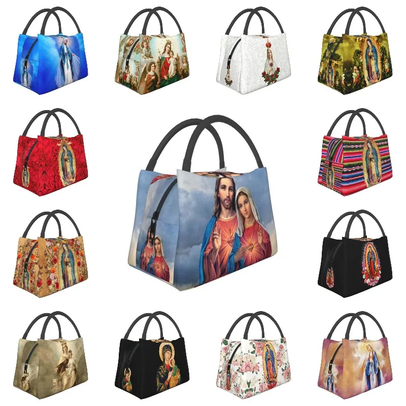 

Sacred And Immaculate Hearts Insulated Lunch Bags for School Office Catholic Jesus and Mary Thermal Cooler Bento Box Women