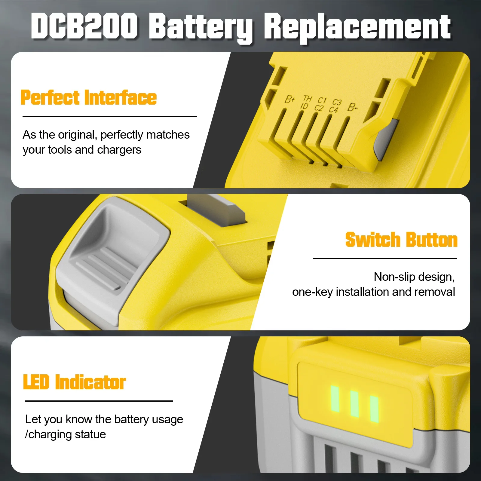 Zamiennik akumulatora litowo-jonowego 18V/20V MAX do Dewalt DCB200, pasuje do modeli 18V DCB203, DCB184, DCB182, 180, DCB201, DCB181, DCB182, DCB206 — zdjęcie produktu 2