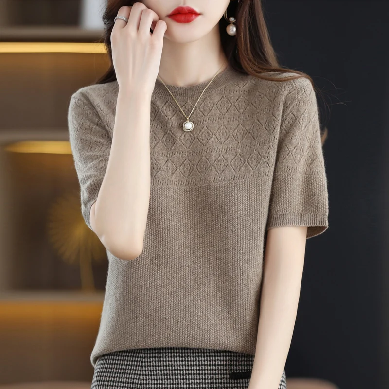 100% pure wool spring and summer new jacquard solid color short-sleeved T-shirt with knitted bottoming shirt for women.