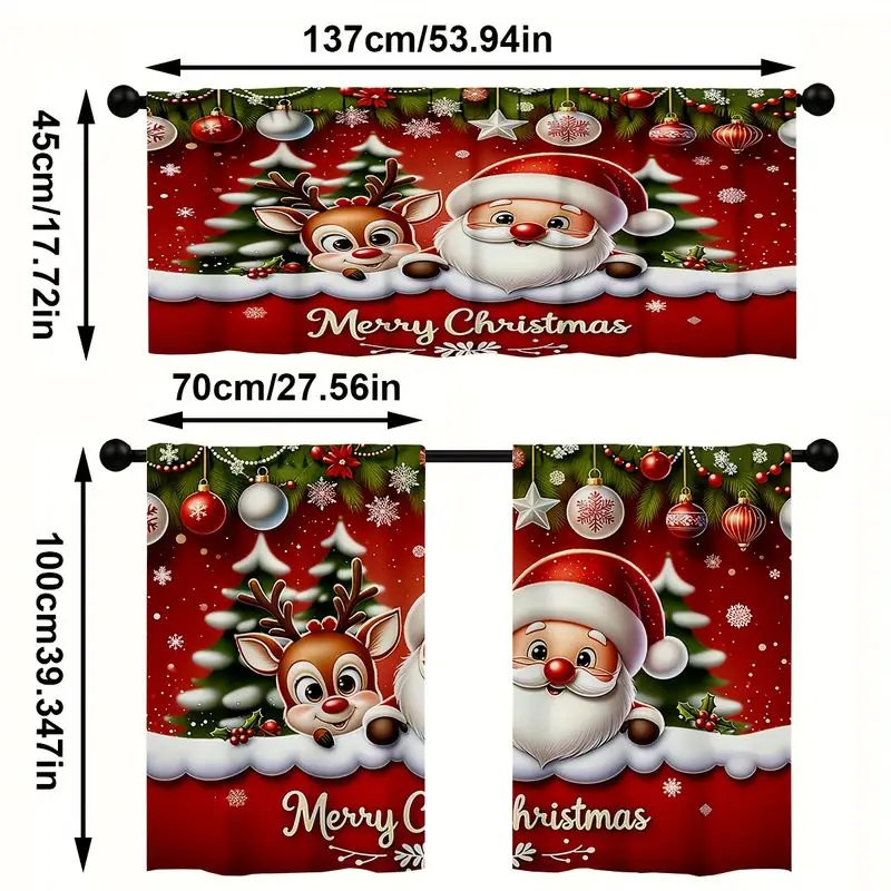 VIKAMA Christmas Kitchen Curtain Santa Deer Tree Ball Snowflake Merry Christmas Print Window Curtain Tier Holiday Winter Decor