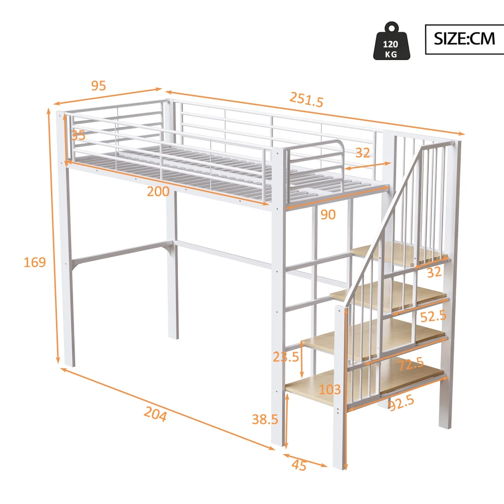 Stabiles Hochbett aus Metall, 90 x 200 cm/140 x 200 cm, mit geräumigem Stauraum unter dem Bett und Treppe für Kinder und Erwachsene, Bettgestelle und -gestelle – Detail 4