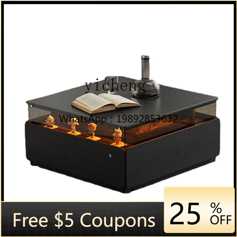 

ZZk Square Stone Plate Coffee Table Lighting Atmosphere Solid Wood with Pumping Black Modern Minimalist Home Living Room