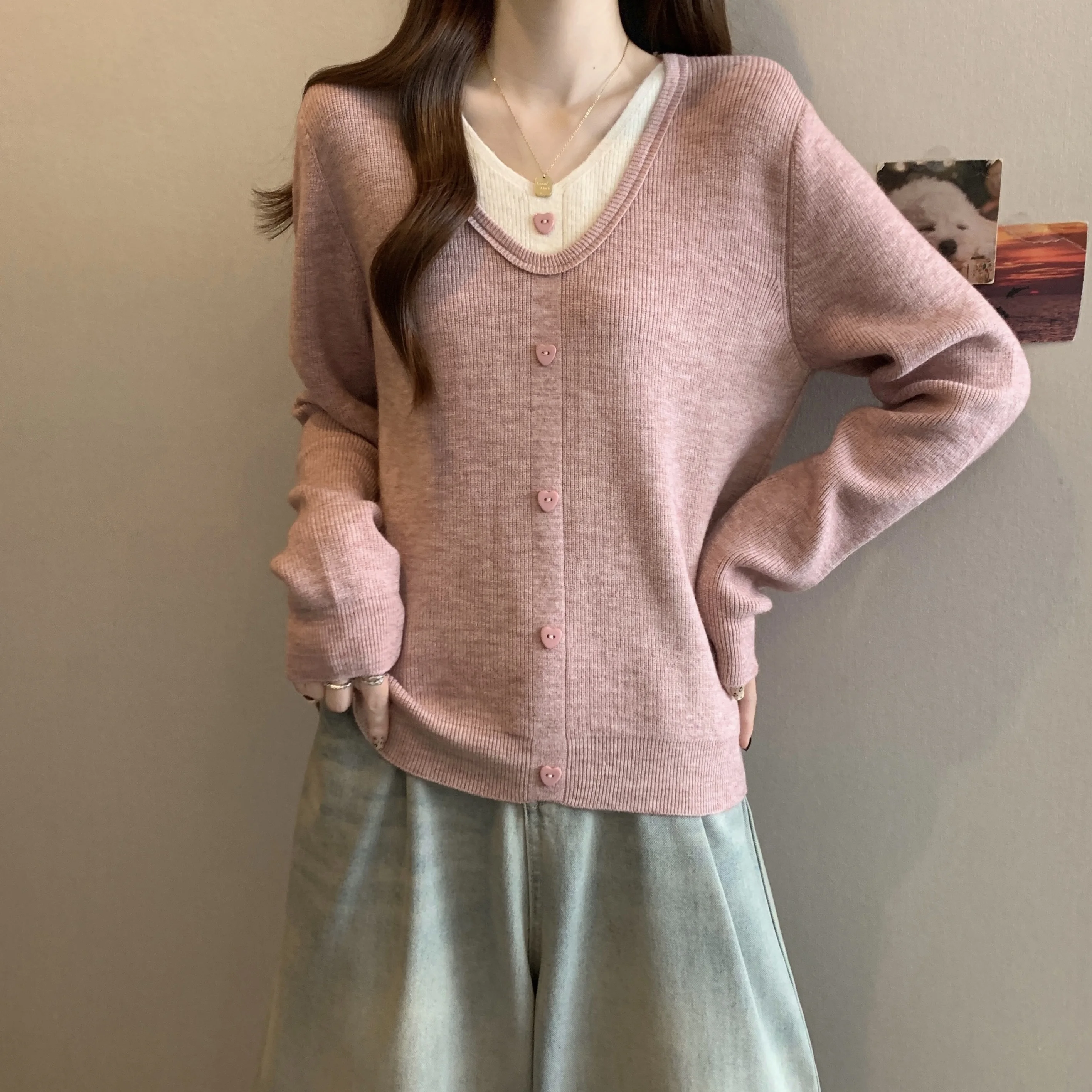 

plus Size Women's Knitted Sweater Unique Beautiful Inner Wear Heart Button Autumn Winter Soft Cozy Overhead Cotton Blend