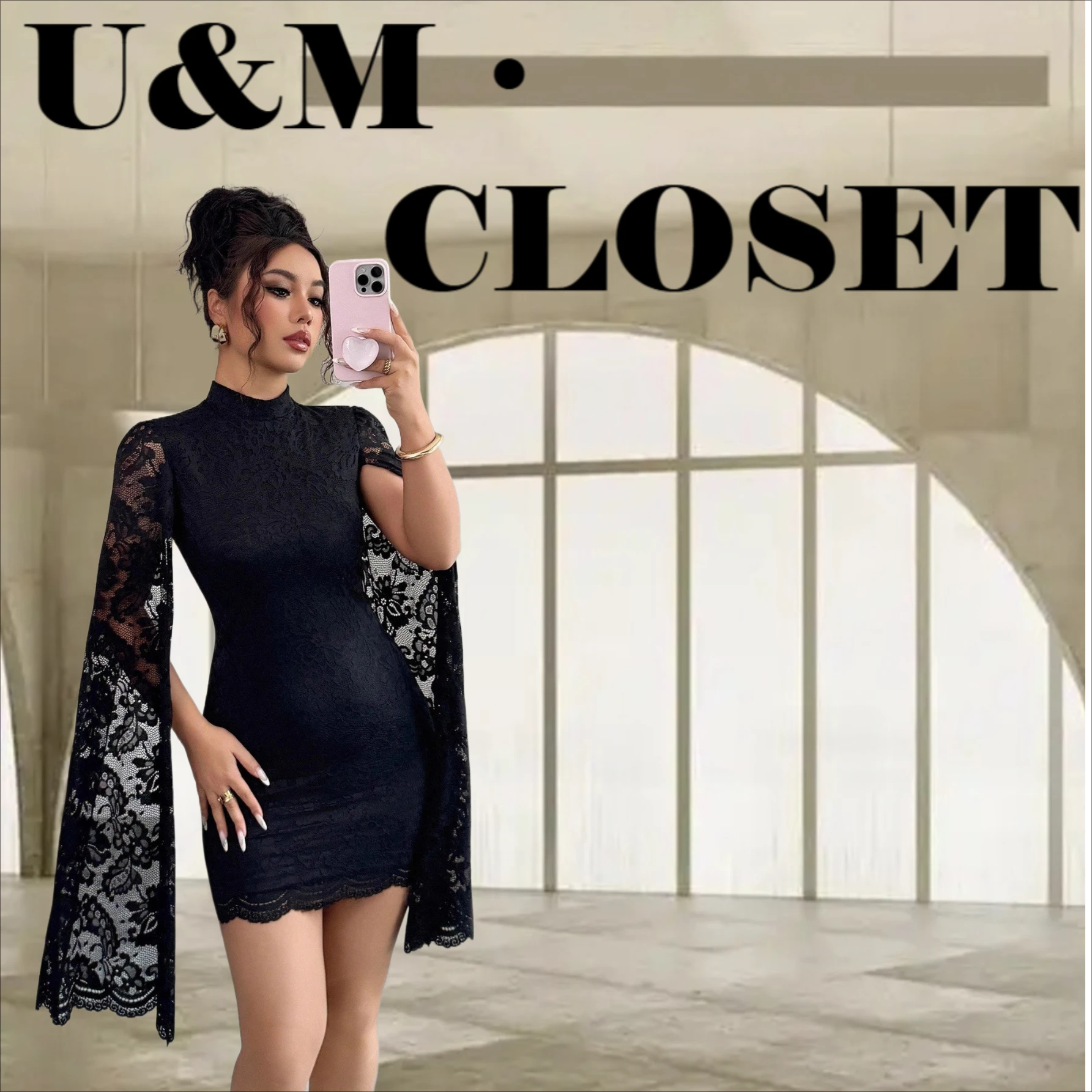 

Women's Sexy Lace Stand Collar Dress 2025 - European Size Split Long Sleeve Autumn Winter New Style