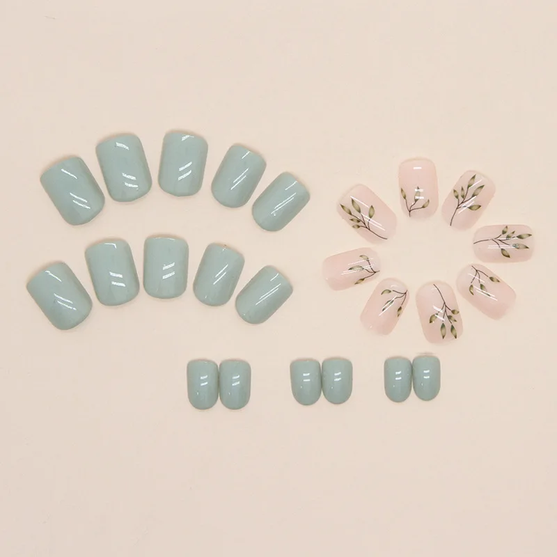 

24pcs Soft Mint Green Gradient Press-On Nails - Leaf Pattern With Lake Blue Accents Medium Length False Nails