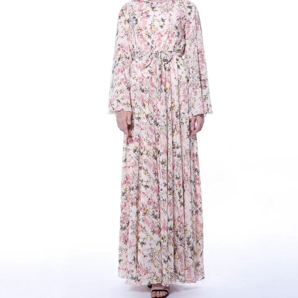 Women Abayas Fashion Floral Chiffon Big Trumpet Sleeve Long Dress Muslim Abaya Islamic Clothing Dubai Saudi Robe Turkish Modesty