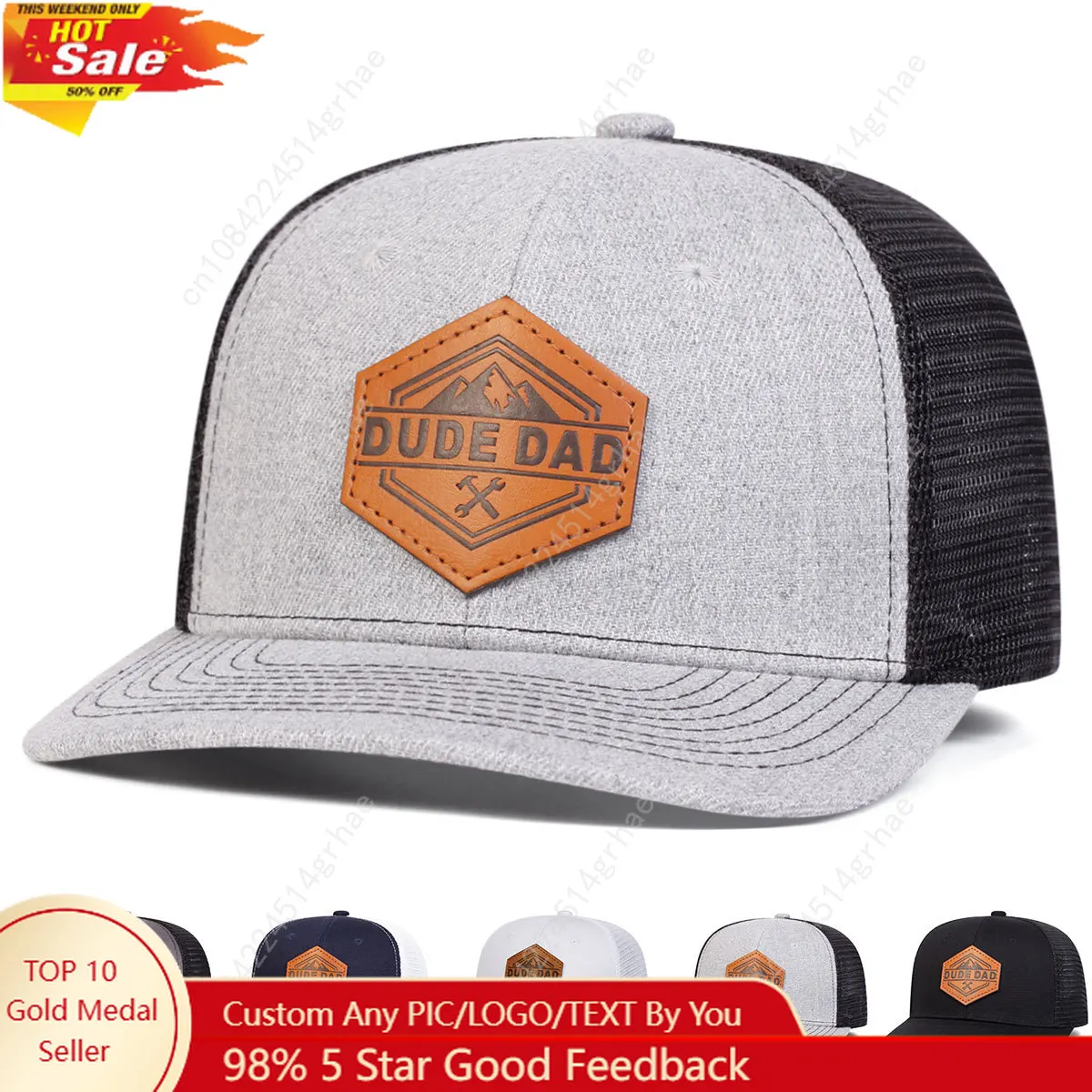 

Unisex DUDE DAD Hexagonal Leather Label Baseball Net Caps Spring and Summer Outdoor Adjustable Casual Hats Sunscreen Hat