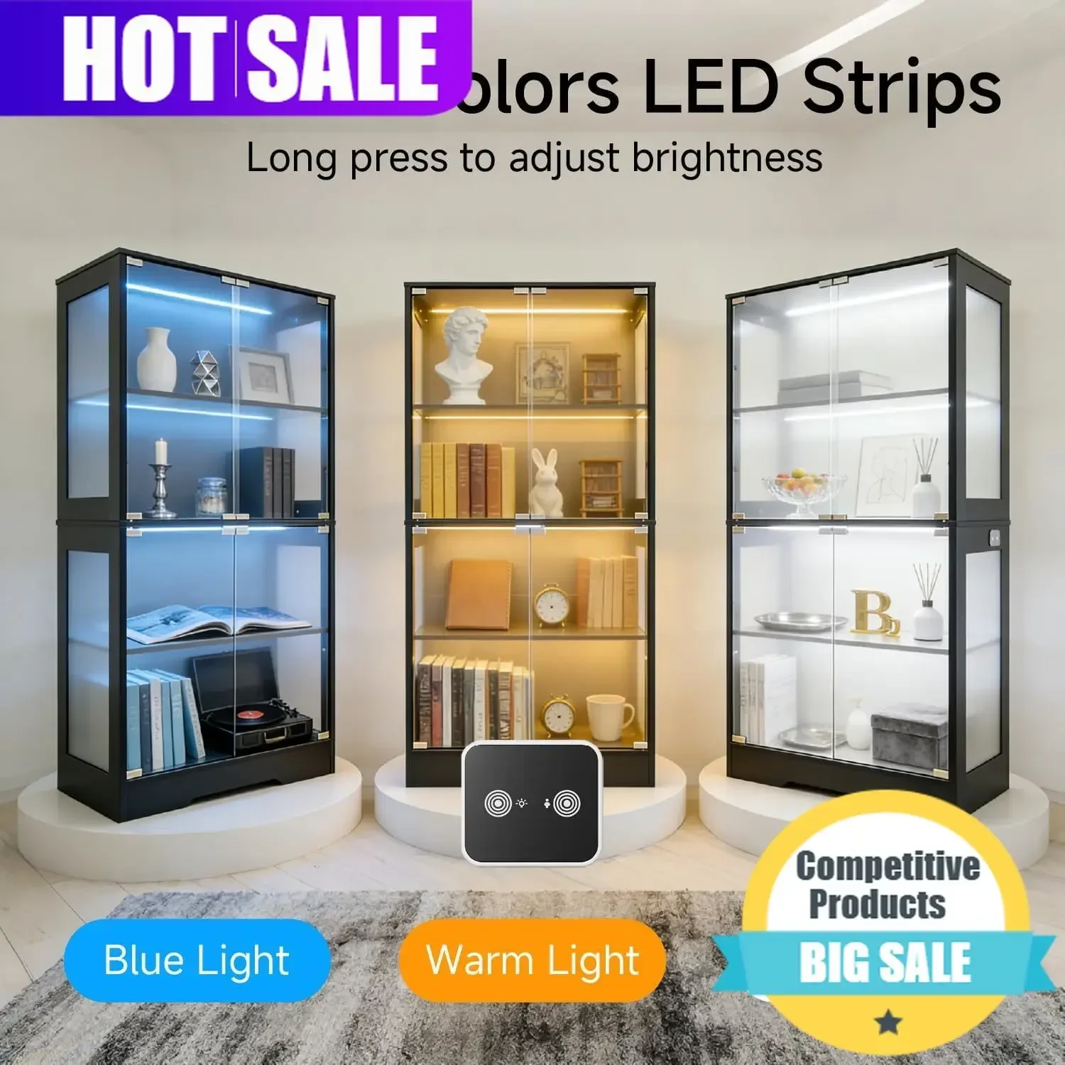 Exquisite Glass Display Case 5.5 Ft Display Cabinet With Glass Doors, 4-Tier Curio Cabinet With 3 Color Lights For Collectibles