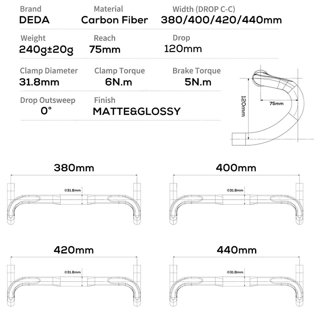 DEDA Road Bicycle Carbon Handlebar Cycling Bike Parts Road Handlebars 380/400/420/440mm External Routing