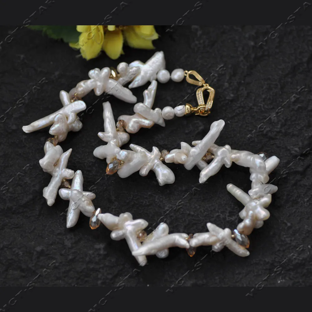 

Z14451 18'' 32mm White Baroque Cross Pearl Round Drop Faceted Crystal Necklace CZ