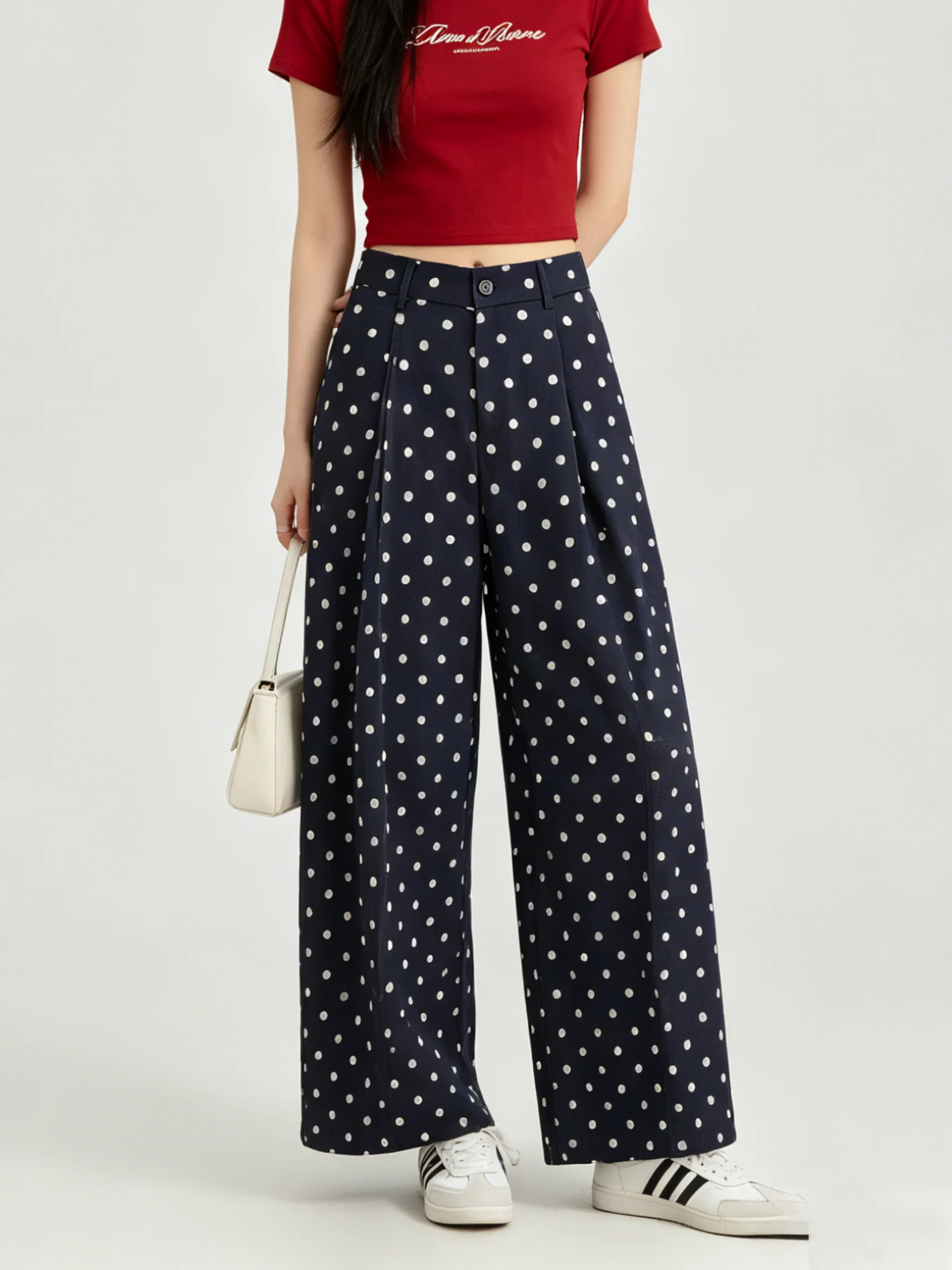 

High Waist Polka Dot Wide Leg Pants Women's Summer Casual Slimming Drapey Straight Leg Pants Skin-friendly Breathable