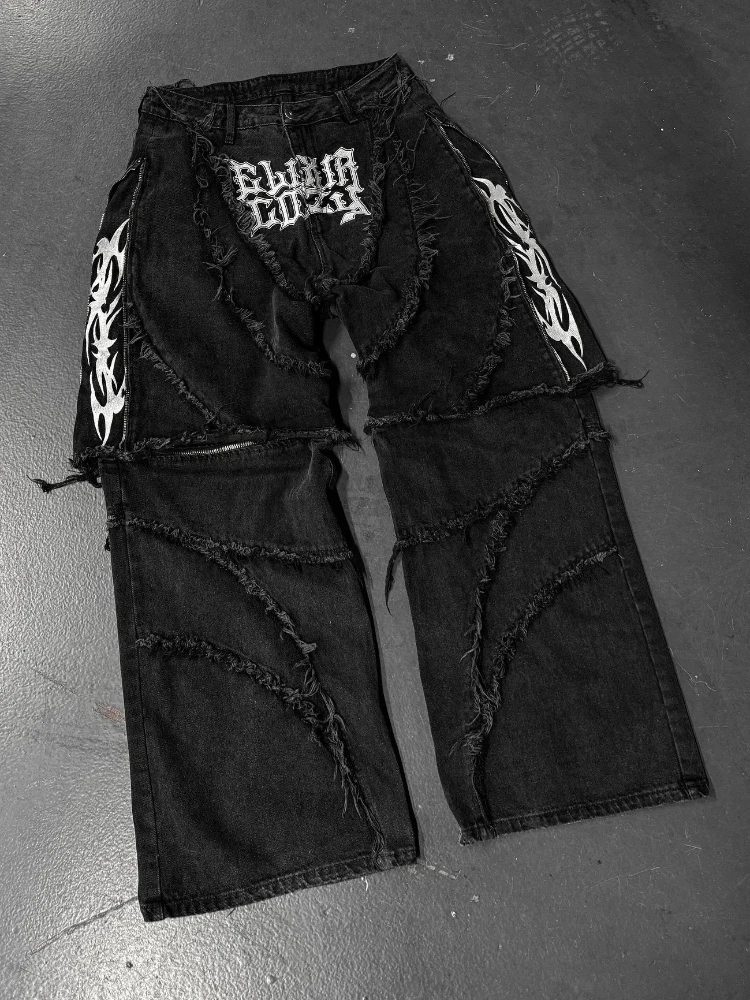 Mens Jeans Y2K Vintage Patchwork Embroidery Stripe Fur Trim Zip Denim Pants Harajuku Unisex Loose Fit Streetwear Retro Fashion view 6